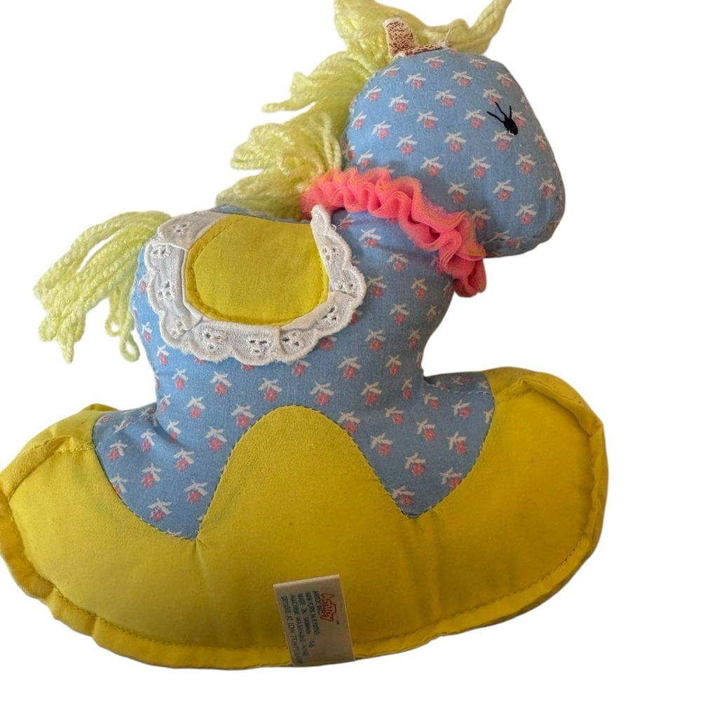 Vtg 1981 Amtoy Blue Rocking Horse Rattle Chime Stuffed Animal Plush Toy